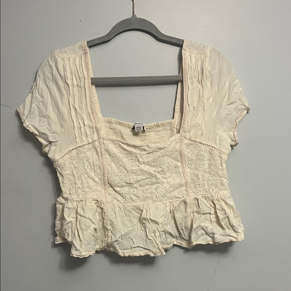 American Eagle Outfitters Cream Eyelet Peplum Blouse